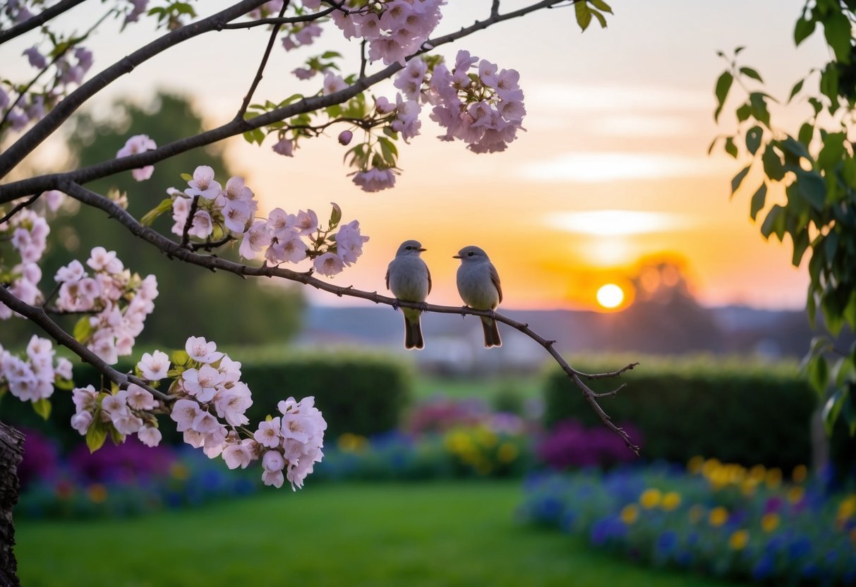 A serene garden with a blooming tree and two birds perched on a branch, as the sun sets in the background