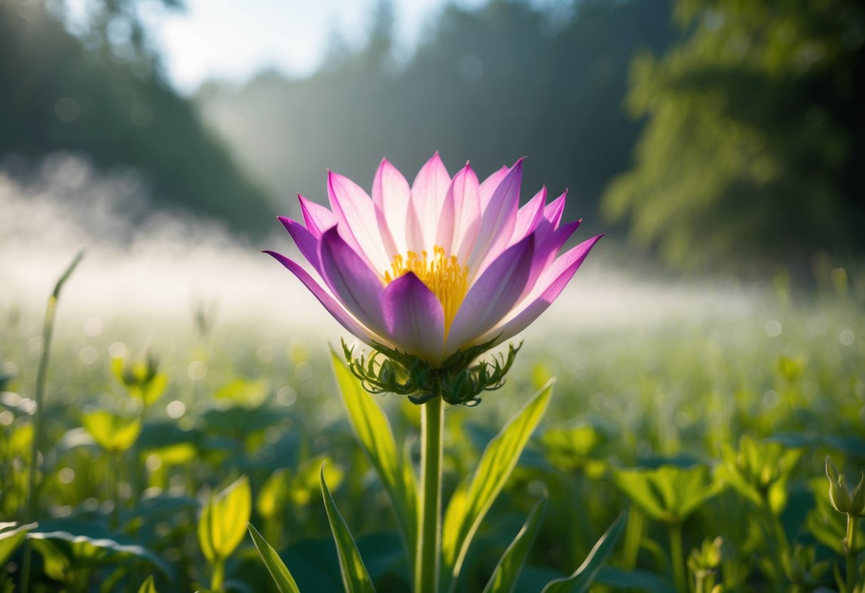 A vibrant, otherworldly flower blooms in a secluded meadow, its delicate petals shimmering in the sunlight, surrounded by lush greenery and ethereal mist