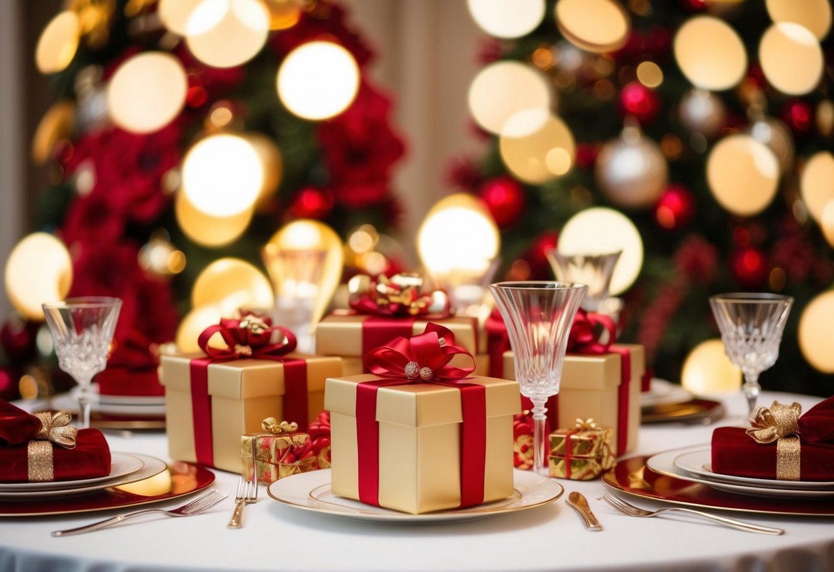 A table set with luxurious gifts and elegant decorations