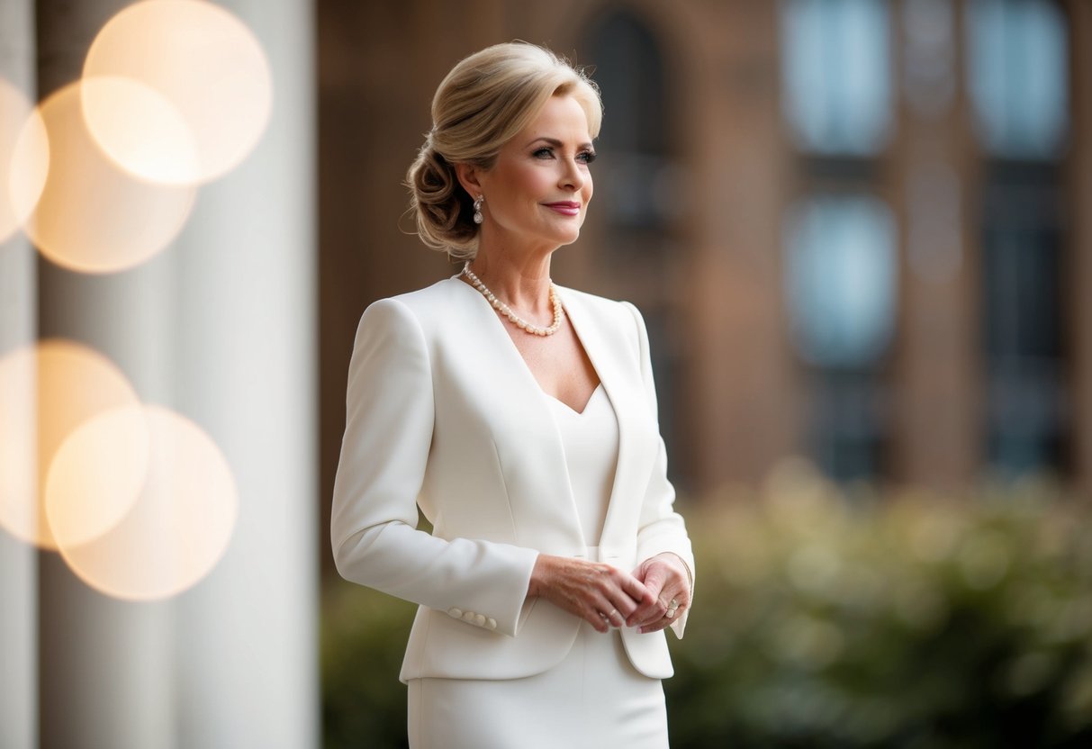 A mother of the bride stands tall and elegant, wearing a sophisticated and tasteful outfit. Her hair is styled in a chic updo, and she exudes confidence and grace