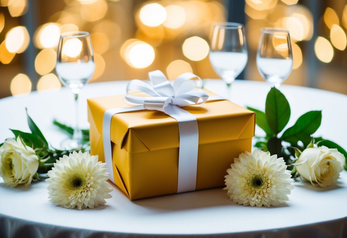 A beautifully wrapped wedding gift sits on a table, surrounded by elegant decorations and flowers