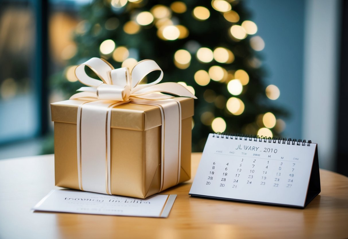A beautifully wrapped gift box with a ribbon and bow placed on a table next to a wedding invitation and a calendar