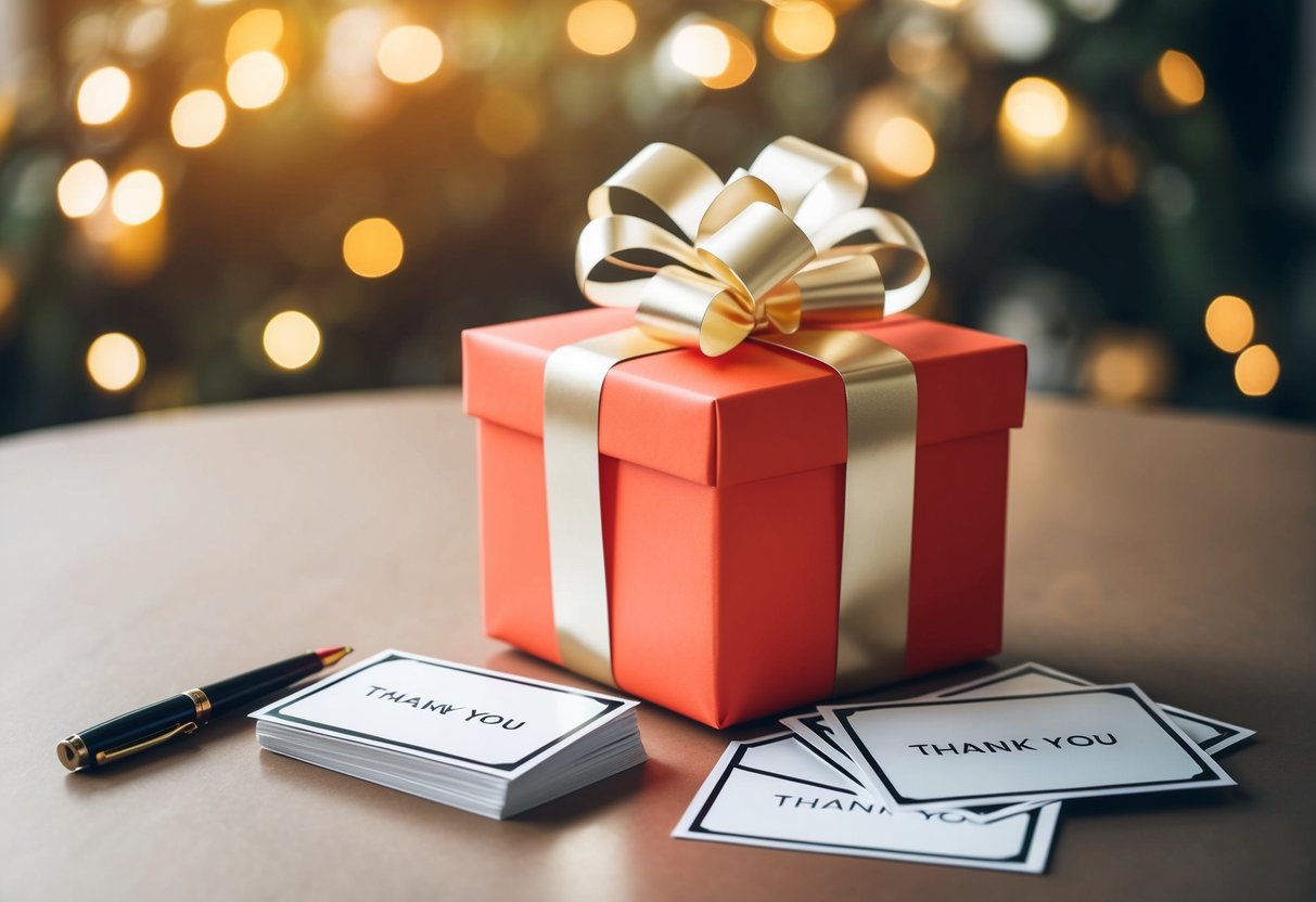 A beautifully wrapped gift box with a bow sitting on a table, surrounded by a stack of thank you cards and a pen