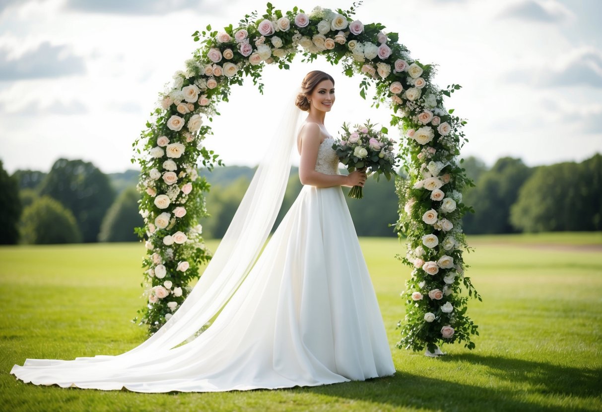 A bride standing under a floral arch, holding a bouquet, with a flowing wedding dress and veil