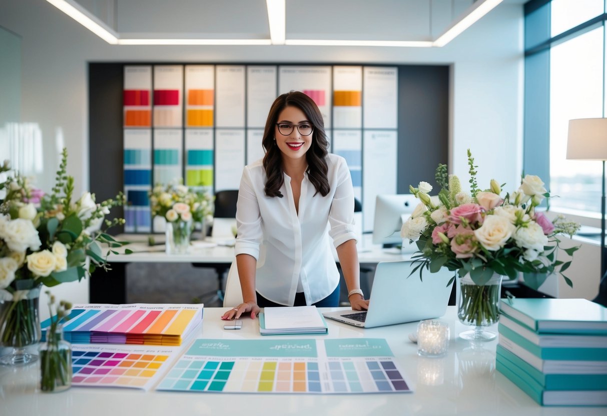 A bustling wedding planner surrounded by organized schedules, color swatches, and floral arrangements in a chic, modern office