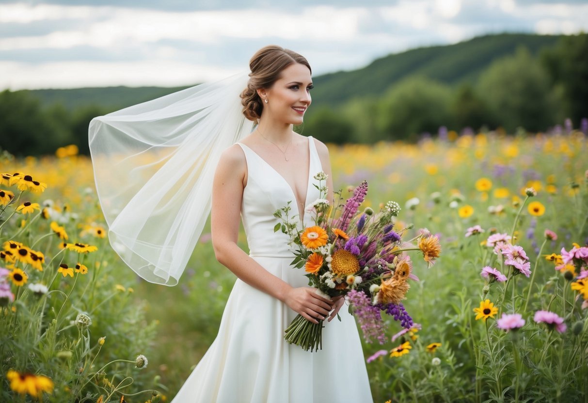 A bride standing in a field of wildflowers, her veil billowing in the wind as she holds a bouquet of unconventional, vibrant blooms