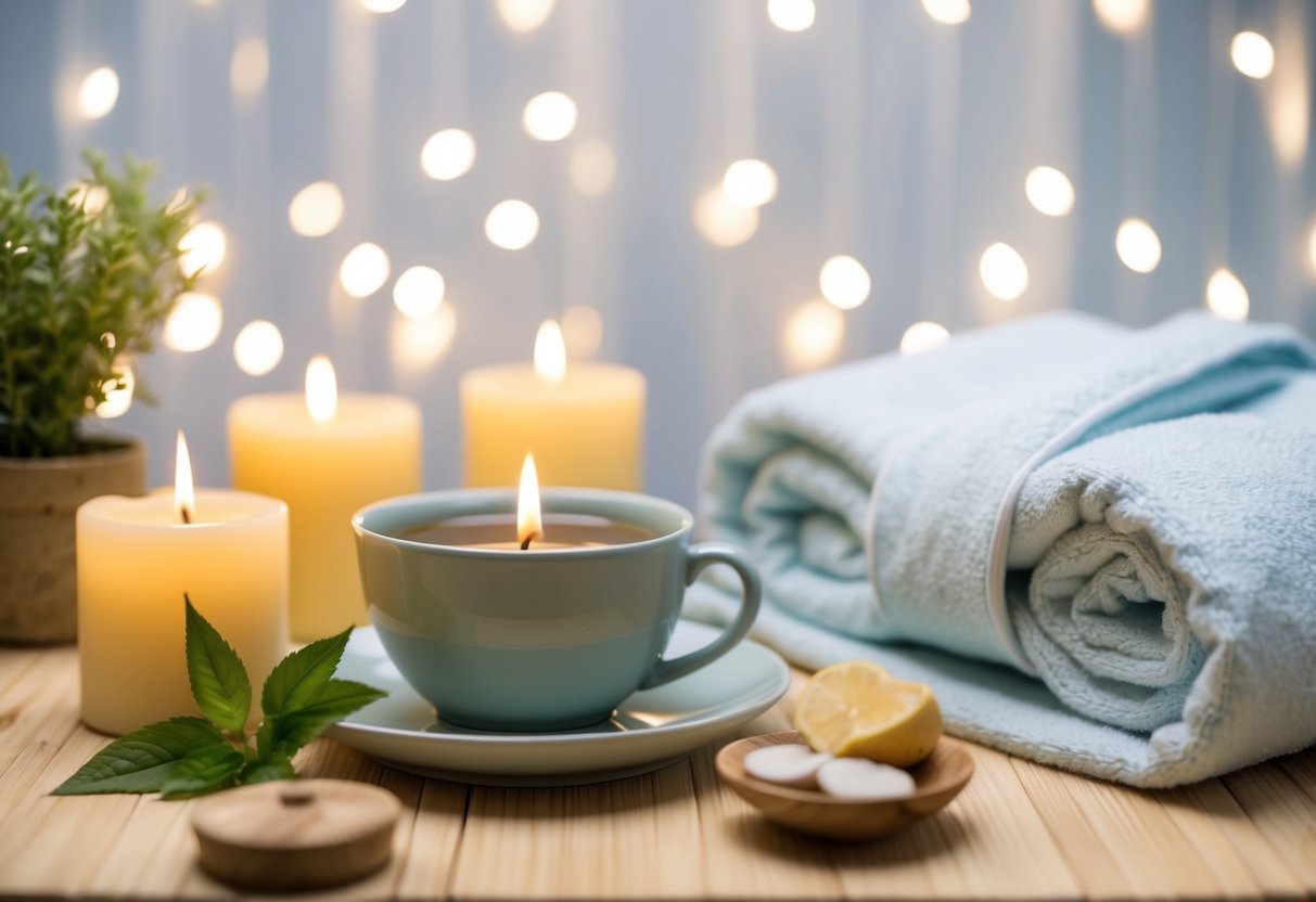 A serene spa setting with calming music, soft lighting, and a cozy robe. Aromatherapy candles and a cup of herbal tea complete the soothing atmosphere