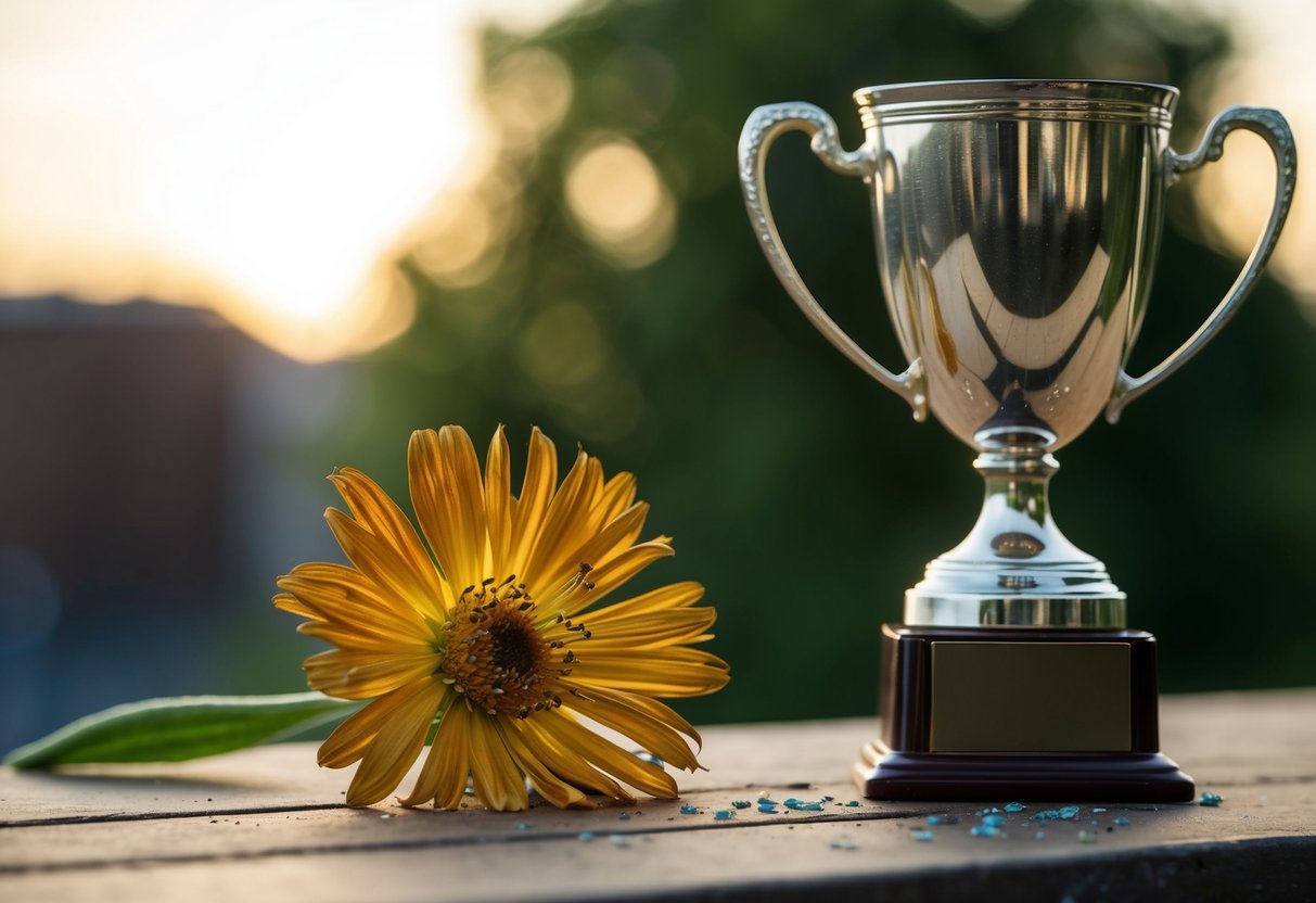 A wilted flower next to a broken trophy