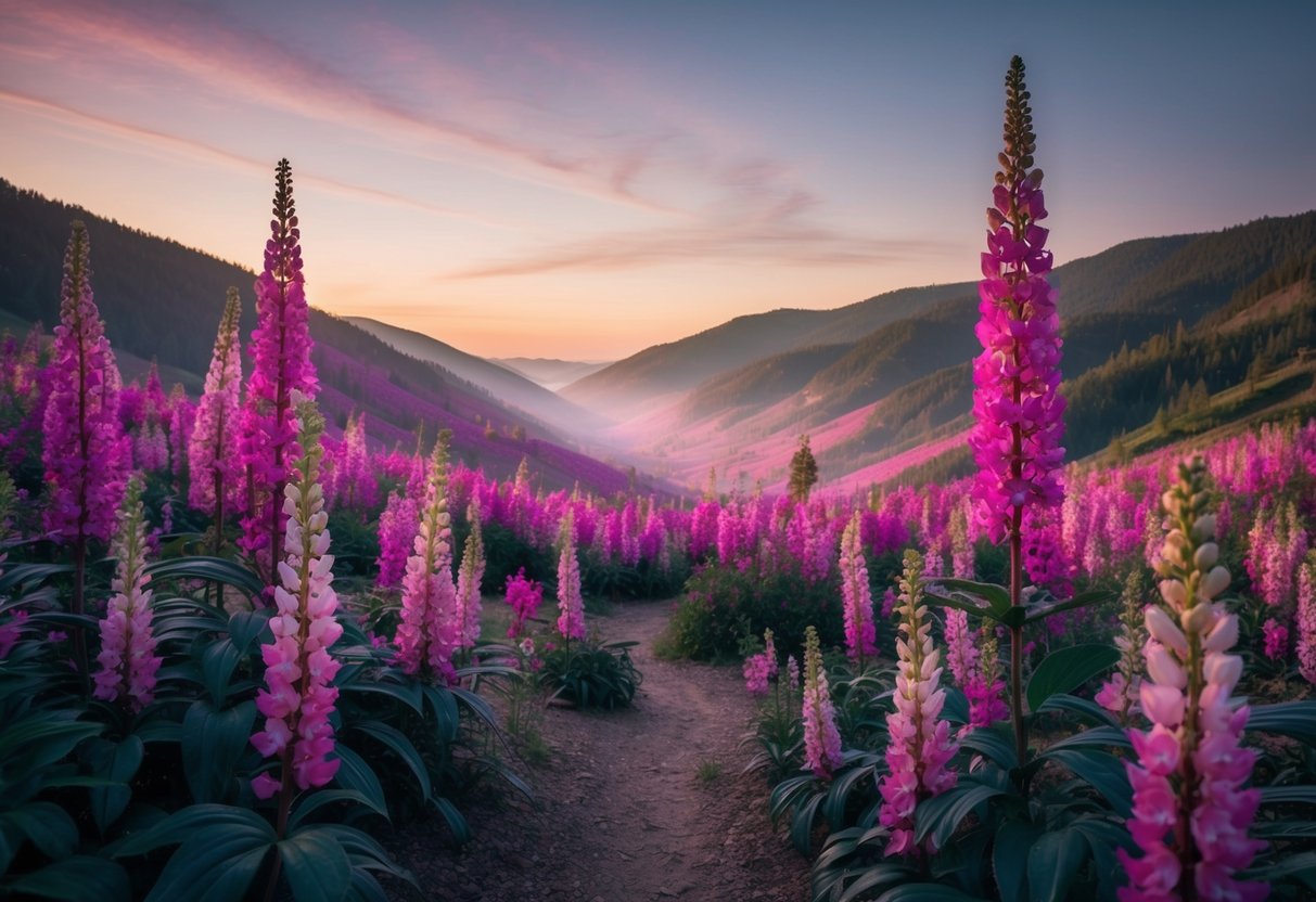 A secluded valley filled with vibrant, otherworldly blooms, towering over the landscape, emitting an ethereal glow