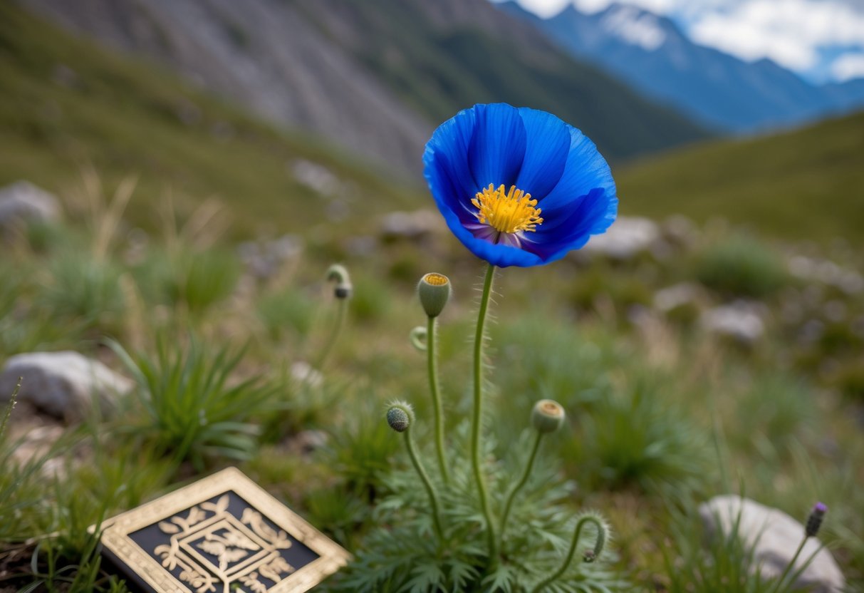A single, vibrant blue Himalayan poppy blooms in a secluded mountain meadow, surrounded by ancient symbols and offerings
