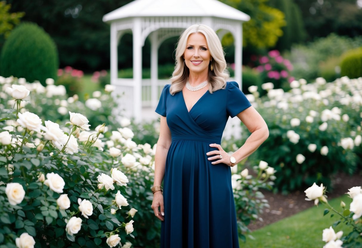 A mother in a deep navy dress, standing in a garden filled with blooming white roses, with a gazebo in the background