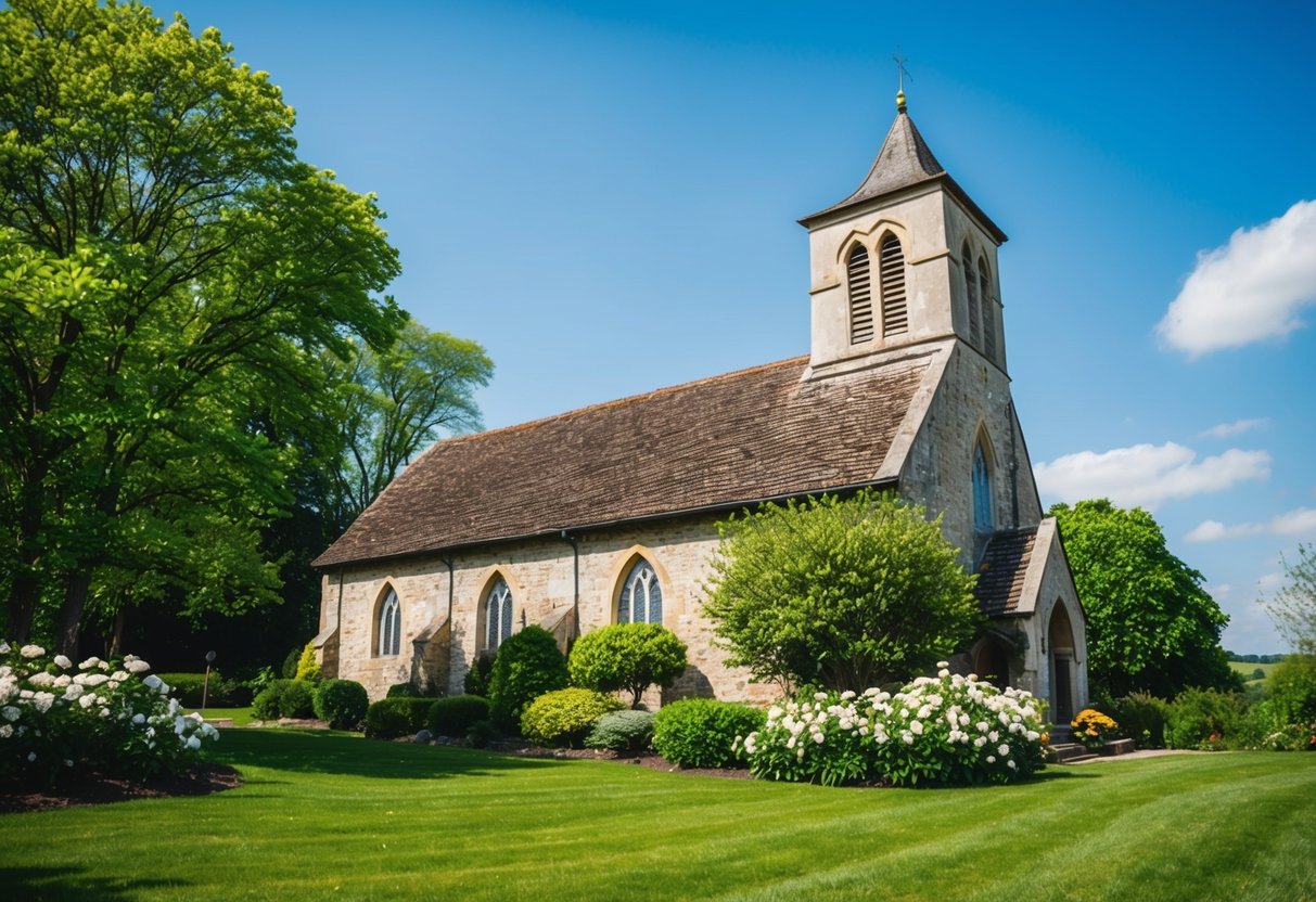 A picturesque countryside church with a rustic stone exterior, surrounded by lush greenery and blooming flowers, under a clear blue sky