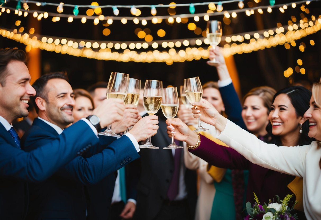 A group of people raise their glasses in a joyful toast, surrounded by colorful decorations and twinkling lights
