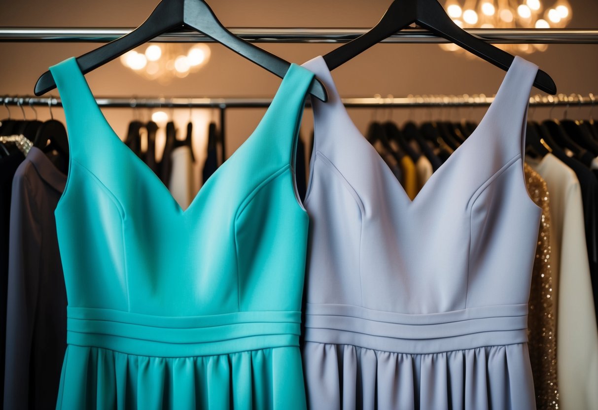 Two elegant dresses in the same color, hanging side by side on a clothing rack