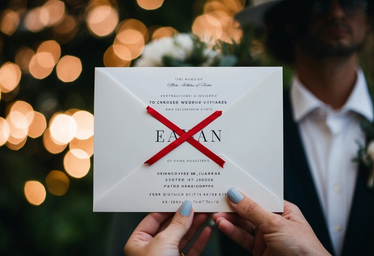 A wedding invitation with one name crossed out and the other left untouched