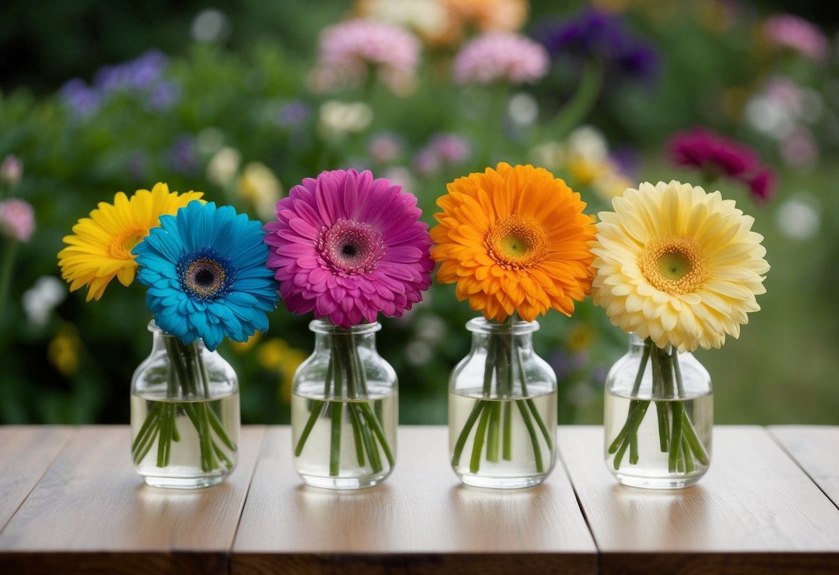 Four flowers arranged in a square, each a different color, sit on a wooden table