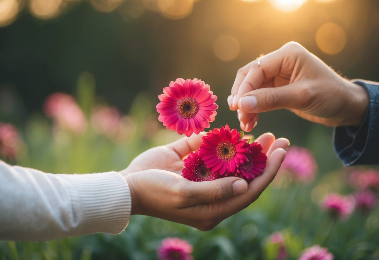 A hand offering four flowers to another