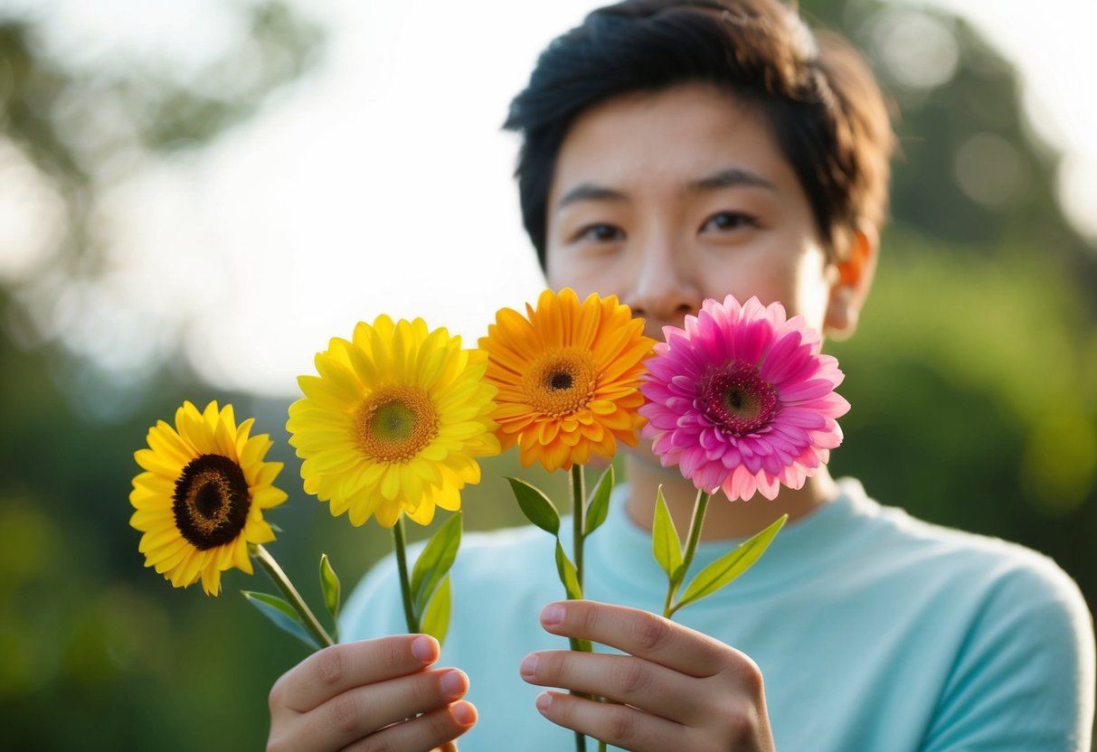 A person holding four flowers, each with a different color, and a gentle smile on their face