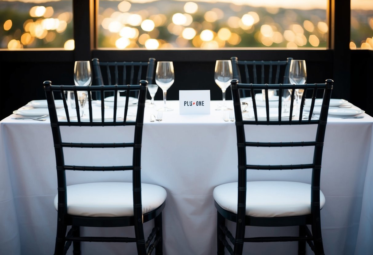 Two empty chairs at a table set for two, with a place card reading "plus-one" next to the user's seat