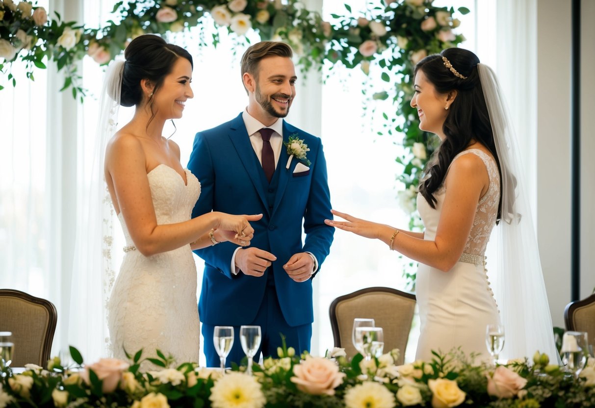A bride and groom stand at a table, surrounded by flowers and wedding decorations. The bride gestures to a friend, asking if they can join as her plus-one