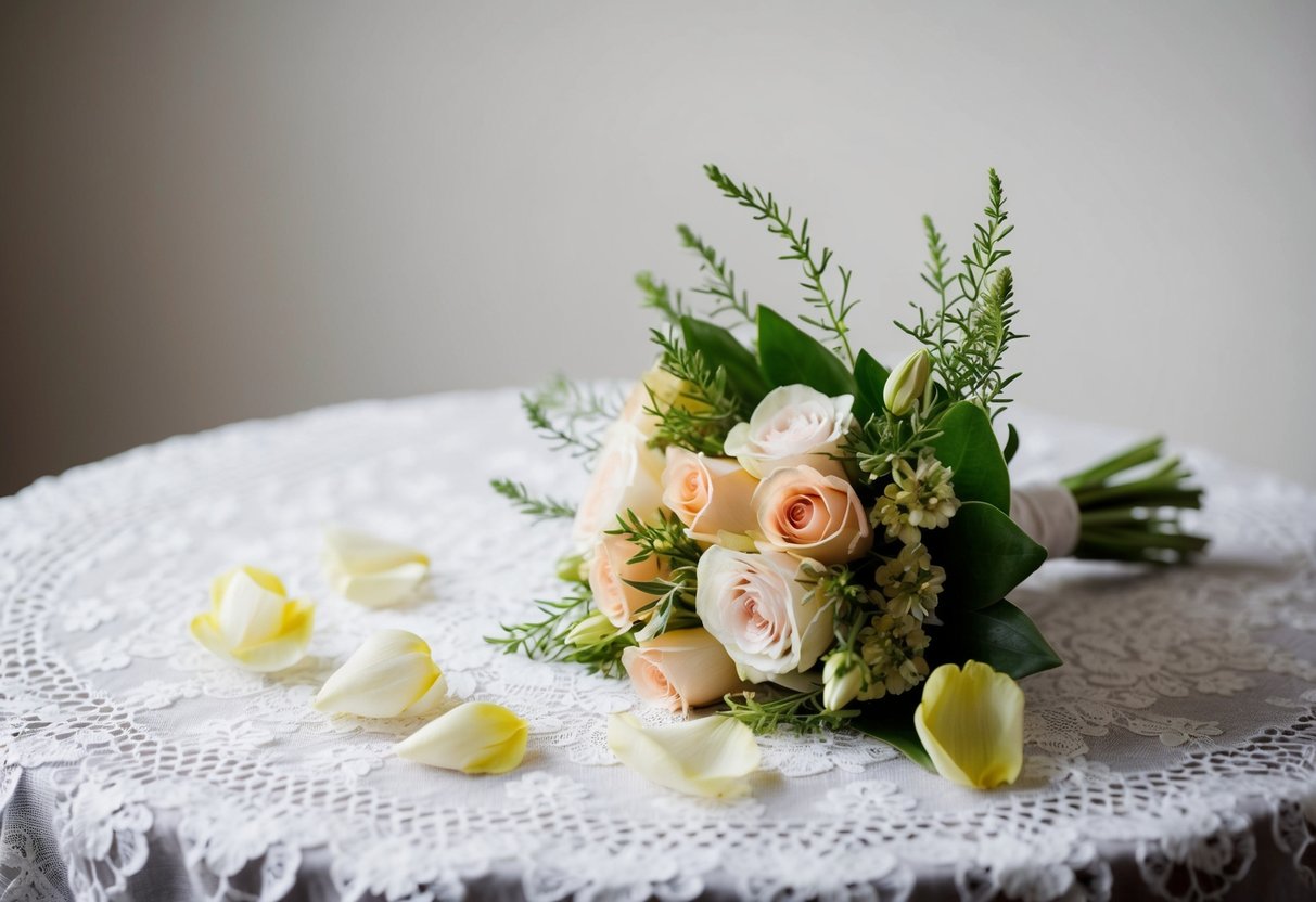 A small bouquet rests on a lace-covered table, surrounded by delicate petals and greenery