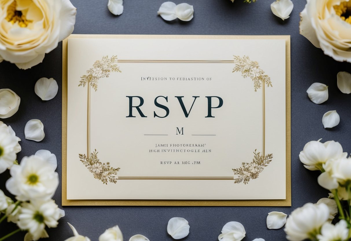 A formal invitation with "RSVP M" printed on a cream-colored card, surrounded by elegant floral motifs and a gold border