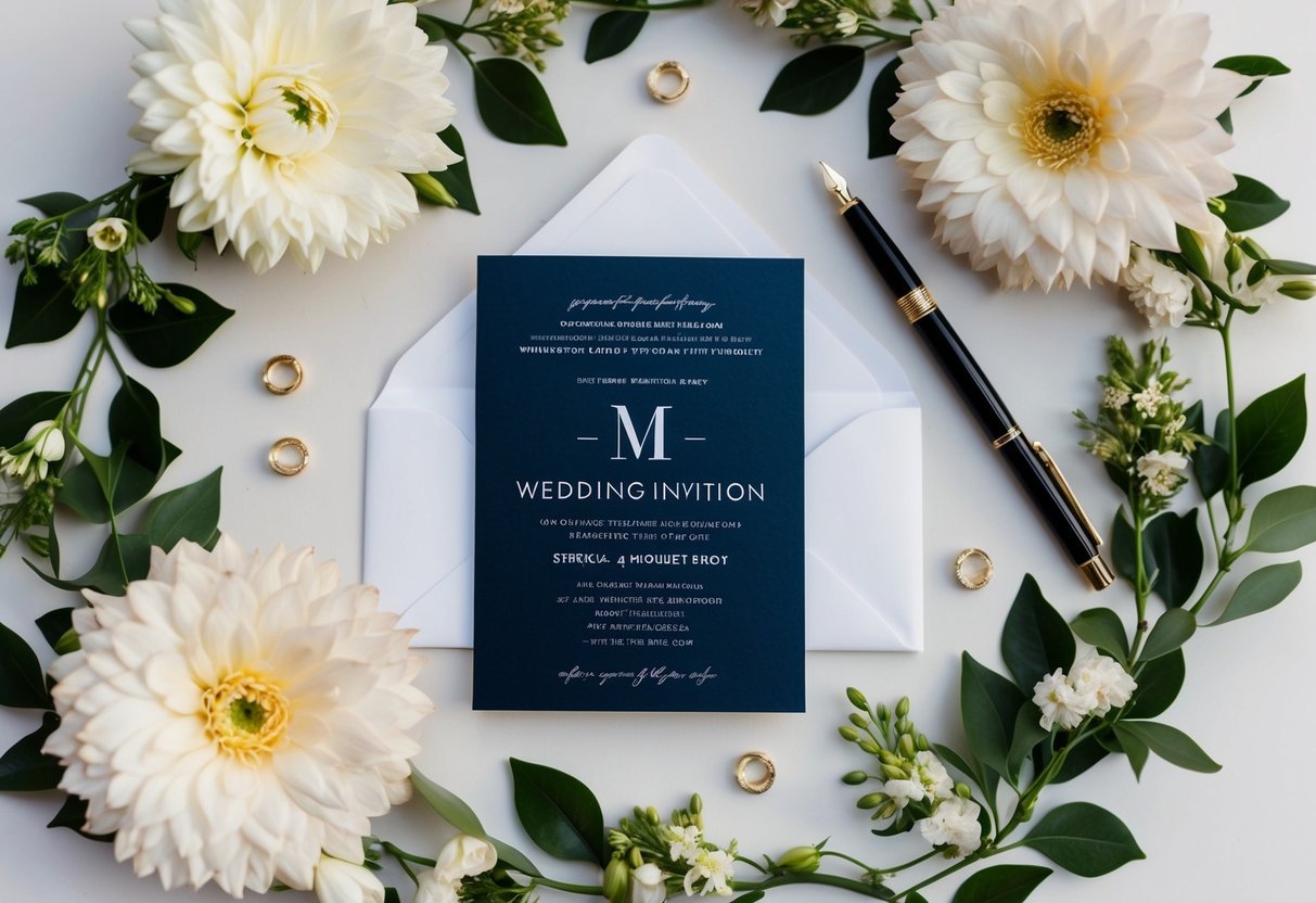 A wedding invitation with an "M" option for RSVP, surrounded by elegant floral decorations and a calligraphy pen