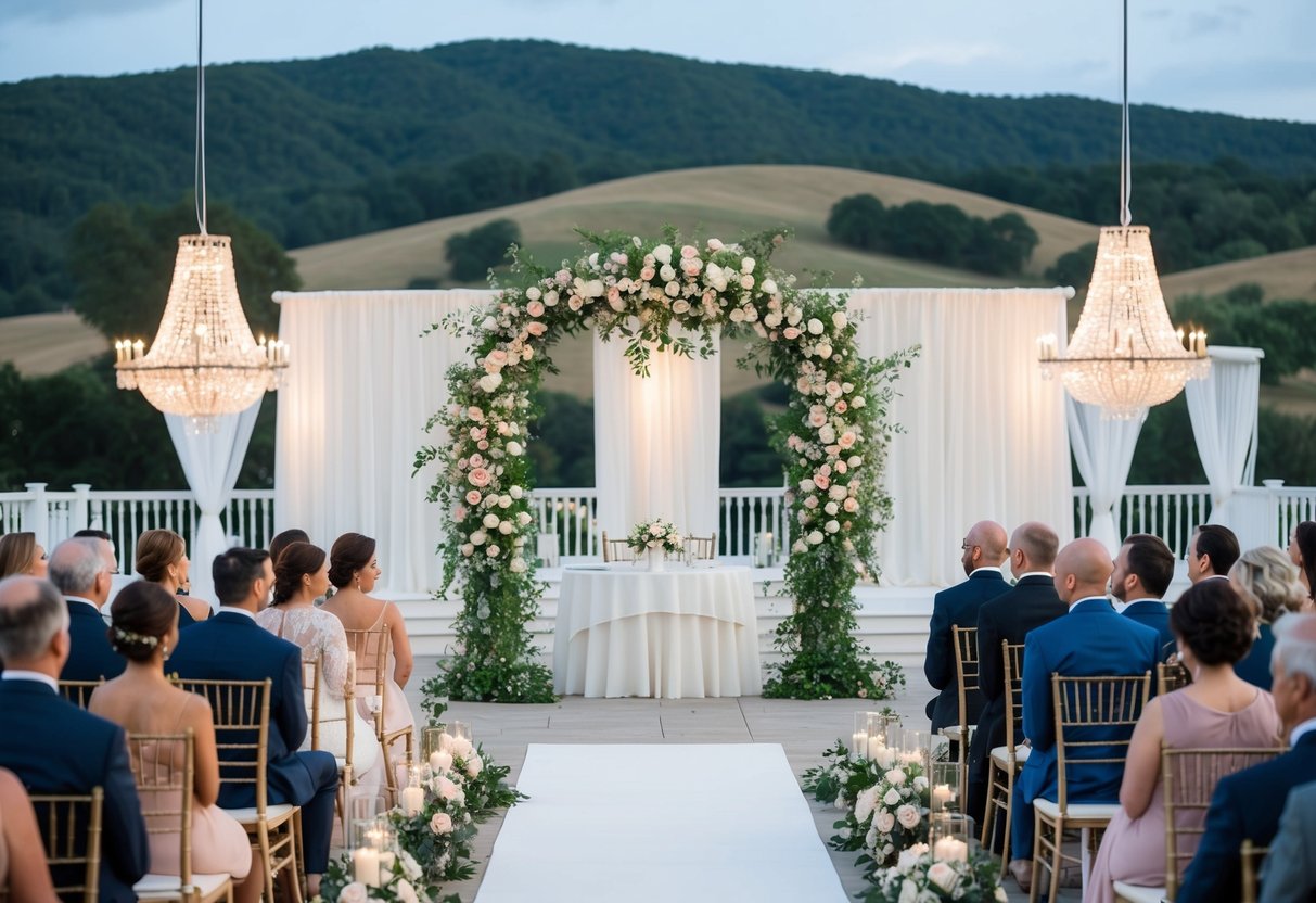 A beautiful outdoor wedding ceremony with a flower-adorned arch, elegant seating, and a view of rolling hills. A grand reception hall with sparkling chandeliers and a dance floor