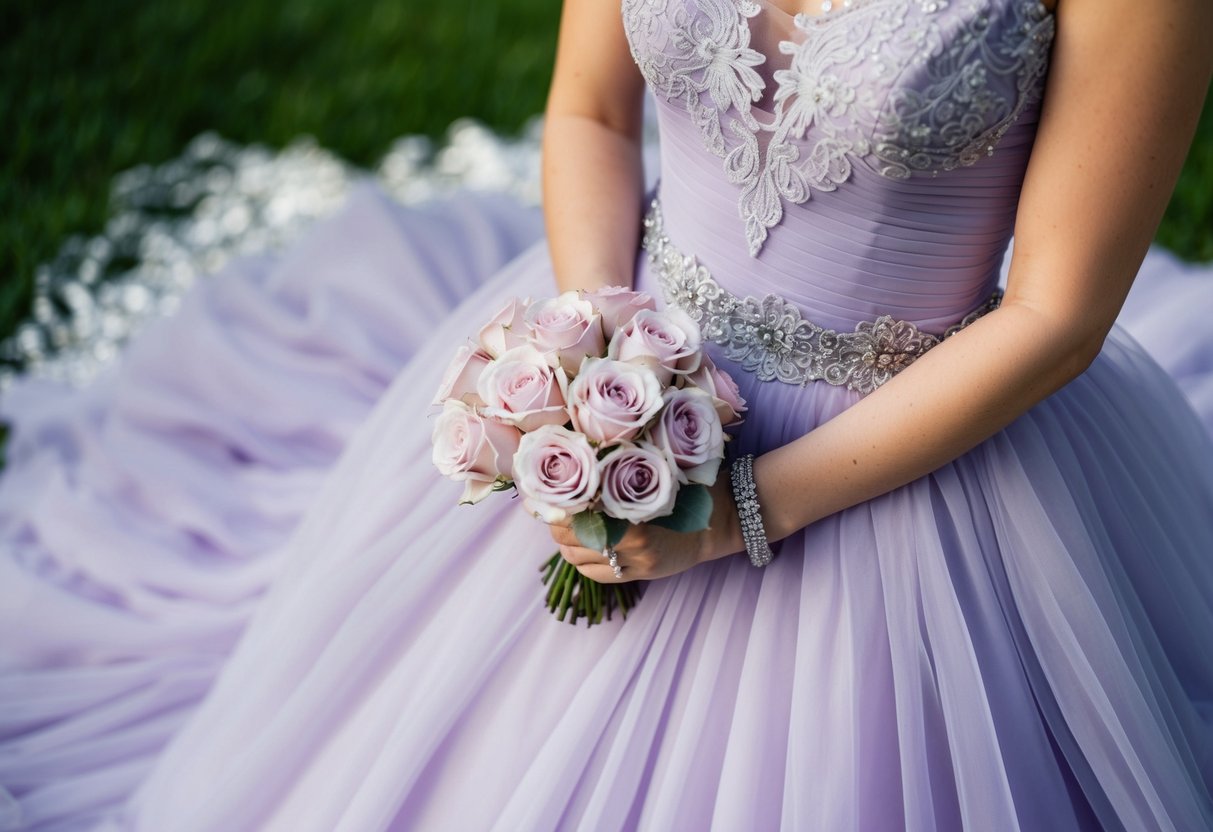 A soft, elegant lavender dress with delicate lace details, paired with silver accessories and a small bouquet of pale pink roses
