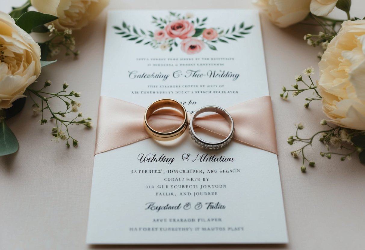 A wedding invitation with two entwined rings and elegant floral decorations