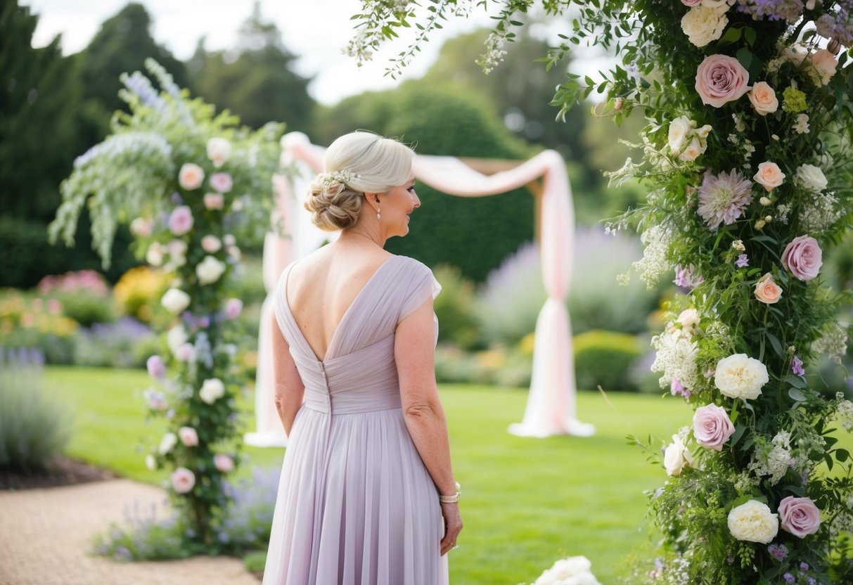 A garden wedding with pastel colors and floral decorations. The mother of the bride wears a soft lavender dress, blending in with the natural surroundings