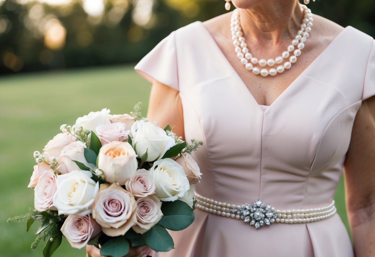 A mother of the bride with a soft pink dress, pearl necklace, and matching earrings, holding a bouquet of white and blush roses