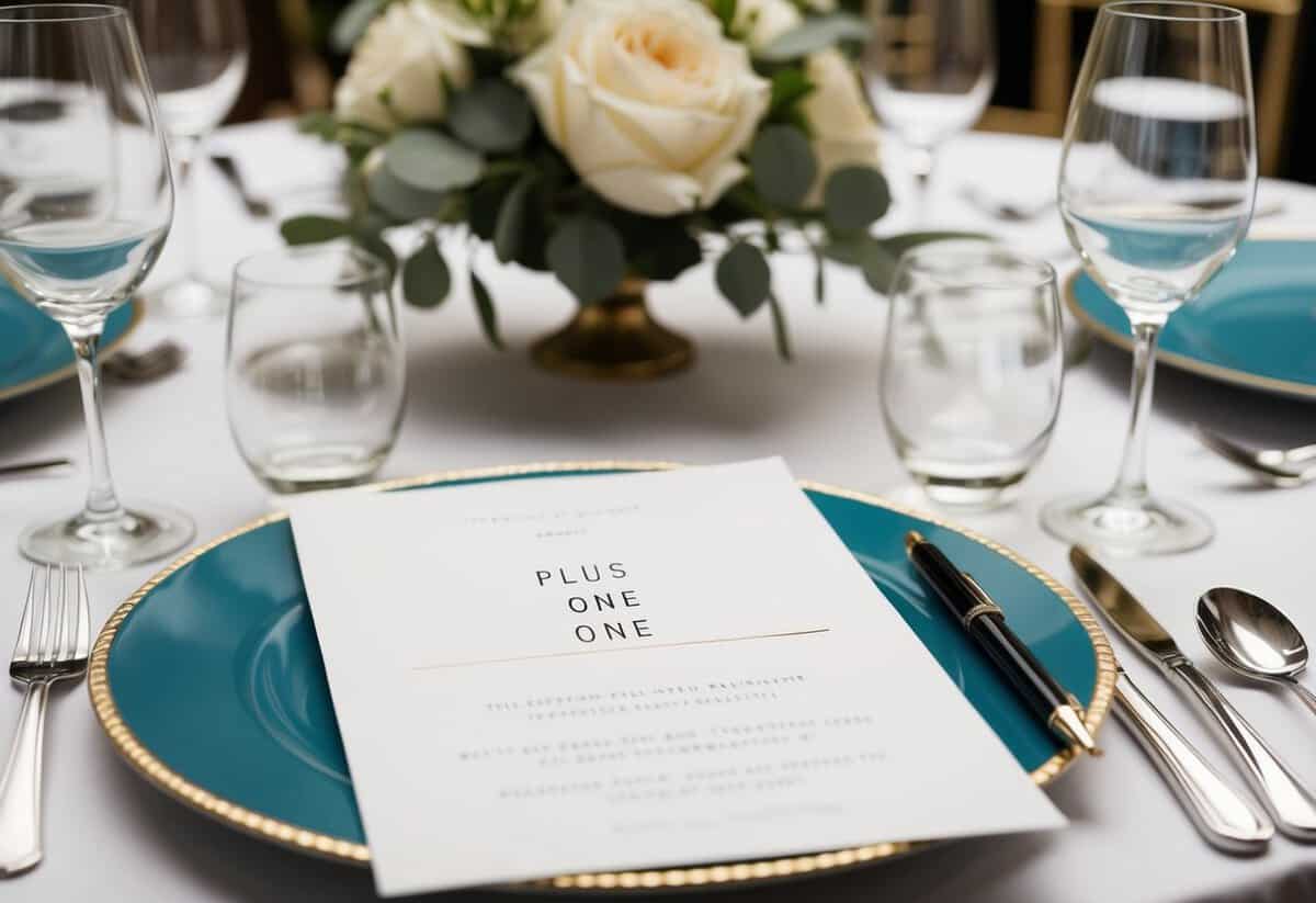 A table set with elegant place settings, an invitation with a blank "plus one" line, and a pen ready to fill in the guest's response