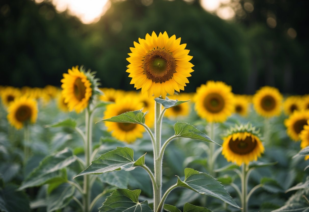 A single sunflower standing tall among a field of blooming flowers