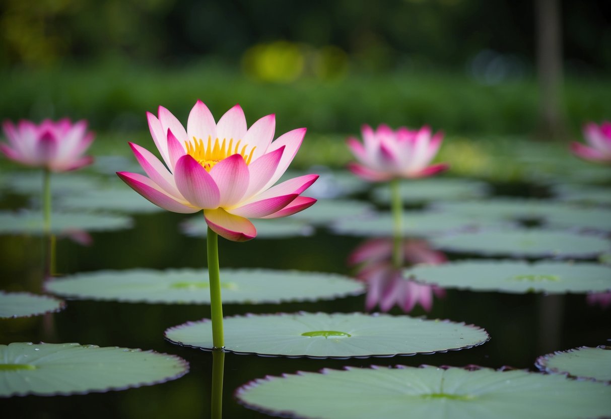 A blooming lotus rises from a tranquil pond, symbolizing success and enlightenment in cultural and historical perspectives