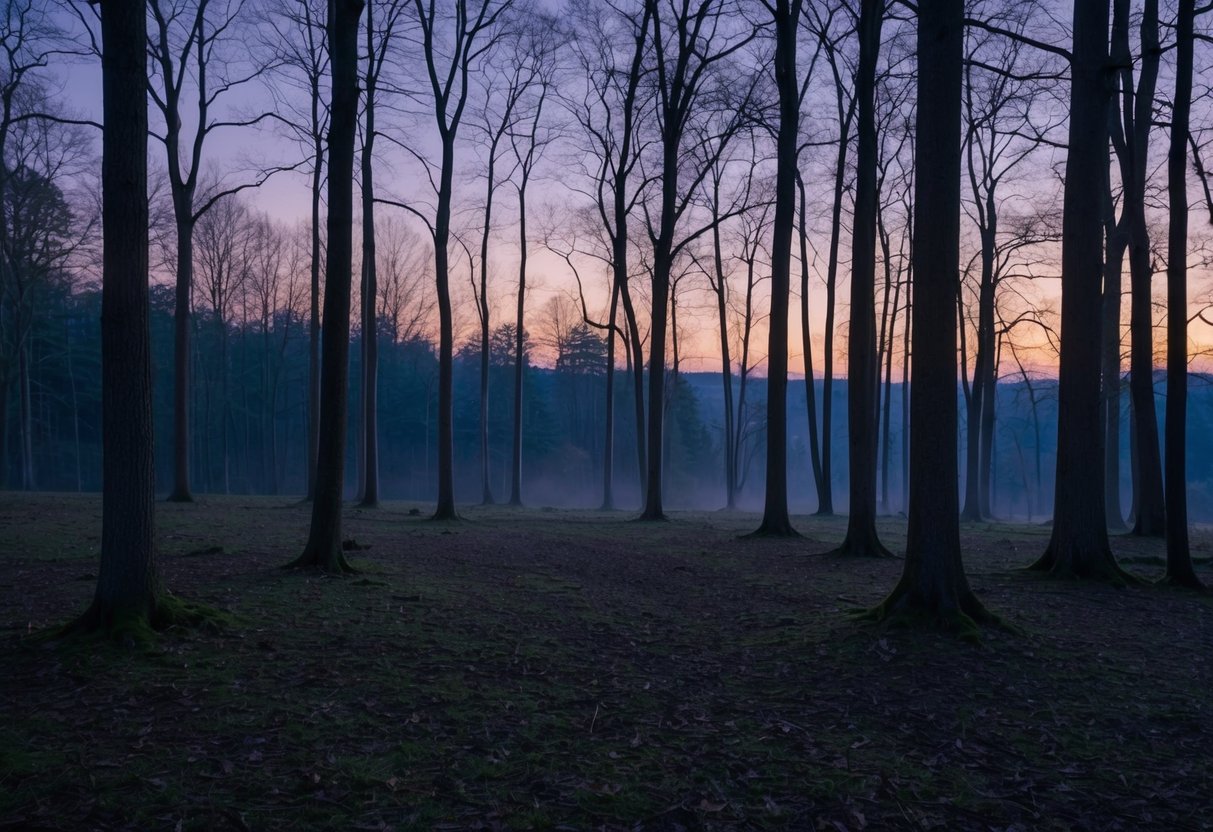 A serene, secluded forest clearing at dusk, bathed in a soft, lilac light with hints of silver and deep indigo