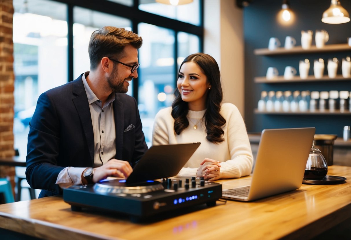 A couple and a DJ discussing wedding music in a cozy coffee shop