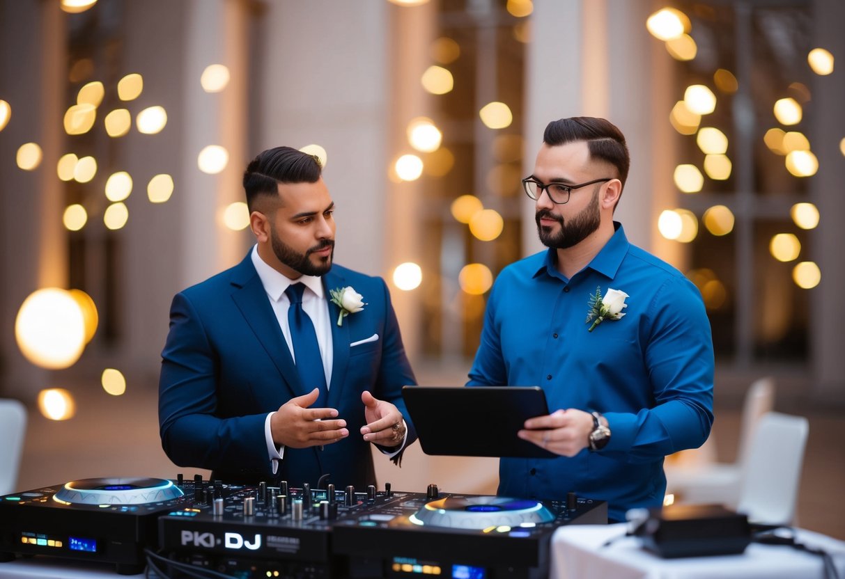A wedding planner and a DJ discussing logistics and contingency plans for the event