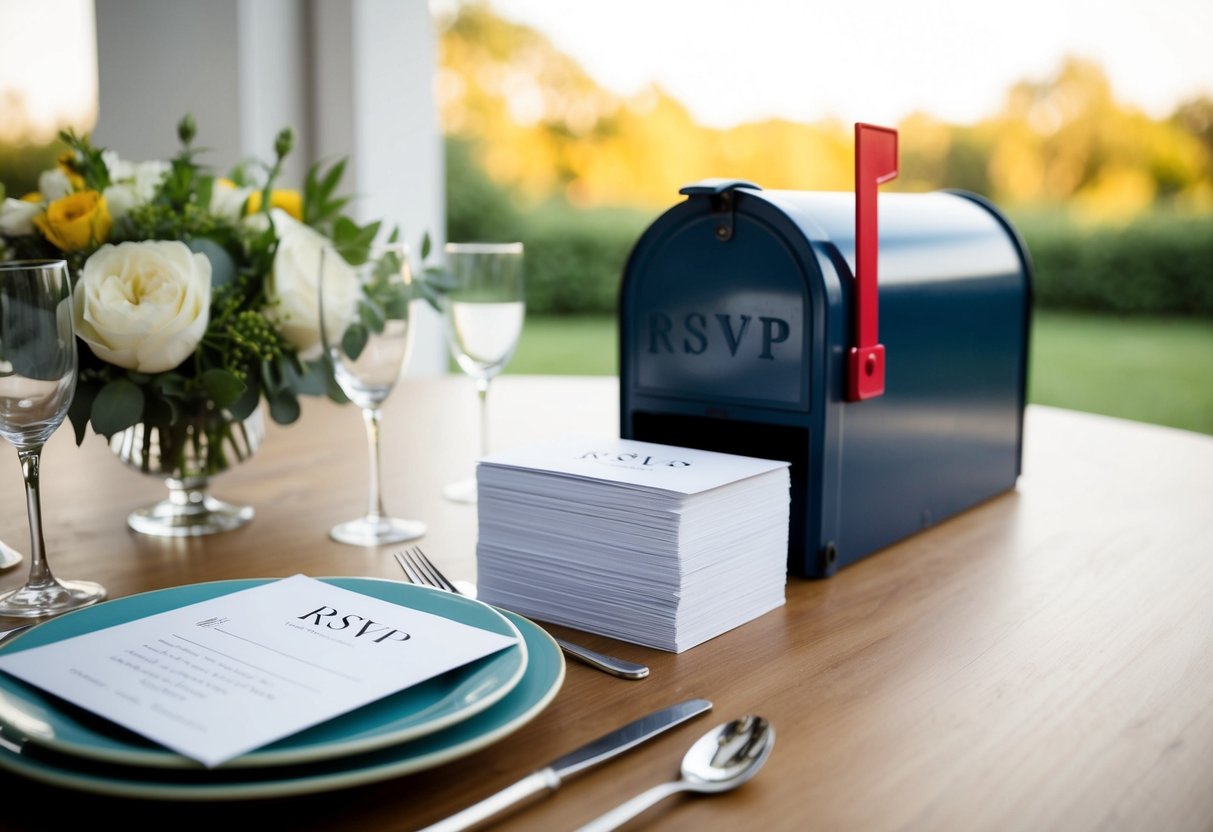 A table with place settings and a stack of RSVP cards next to a mailbox