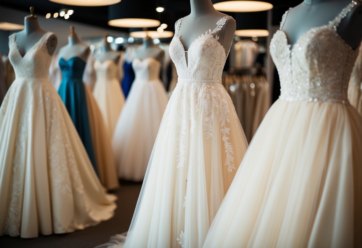 A sea of ivory wedding dresses on display in a boutique