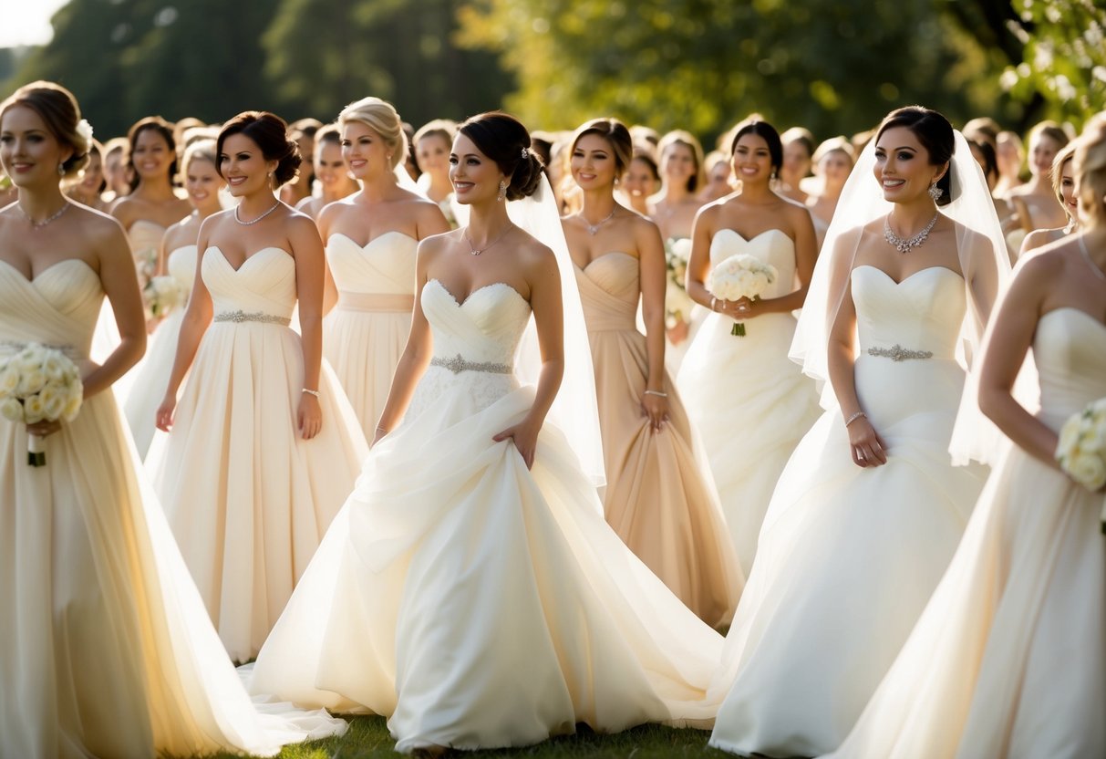 A sea of elegant ivory wedding dresses, with a few stunning champagne-colored gowns standing out as the second most popular choice