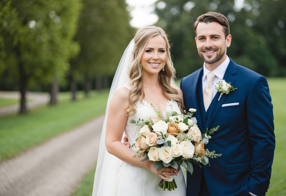 A bride holding a bouquet of flowers in shades of ivory and champagne, standing next to a groom in a navy blue suit