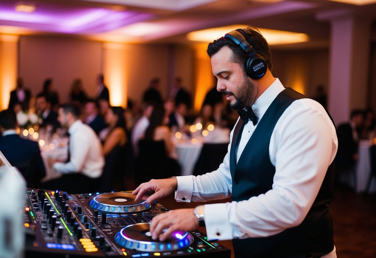 A DJ spins music as guests dine at a wedding reception