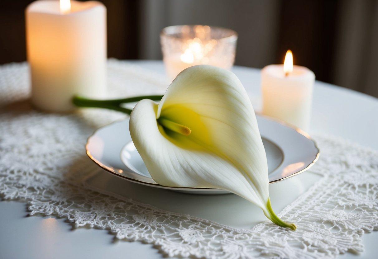 A white calla lily rests on a pristine table, surrounded by soft candlelight and delicate lace