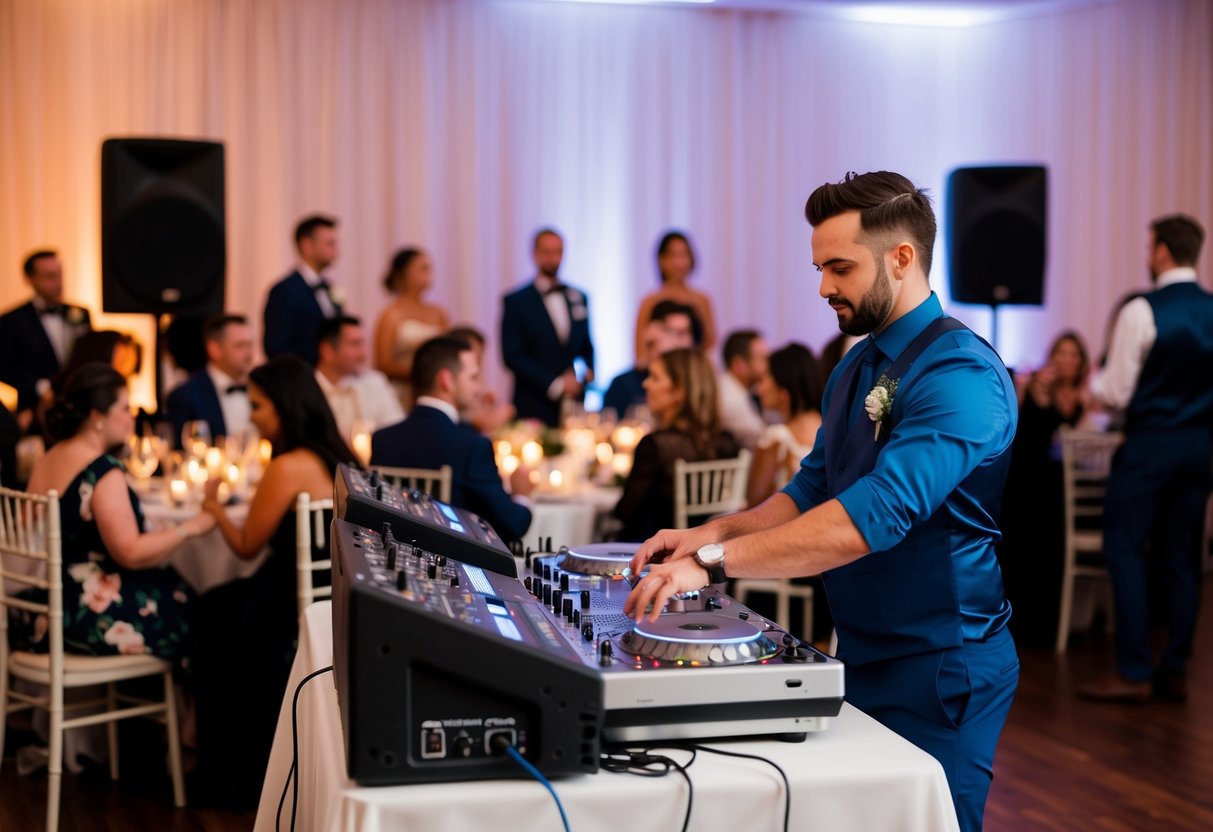 A DJ standing behind a table, adjusting sound equipment, while guests enjoy dinner at a wedding reception