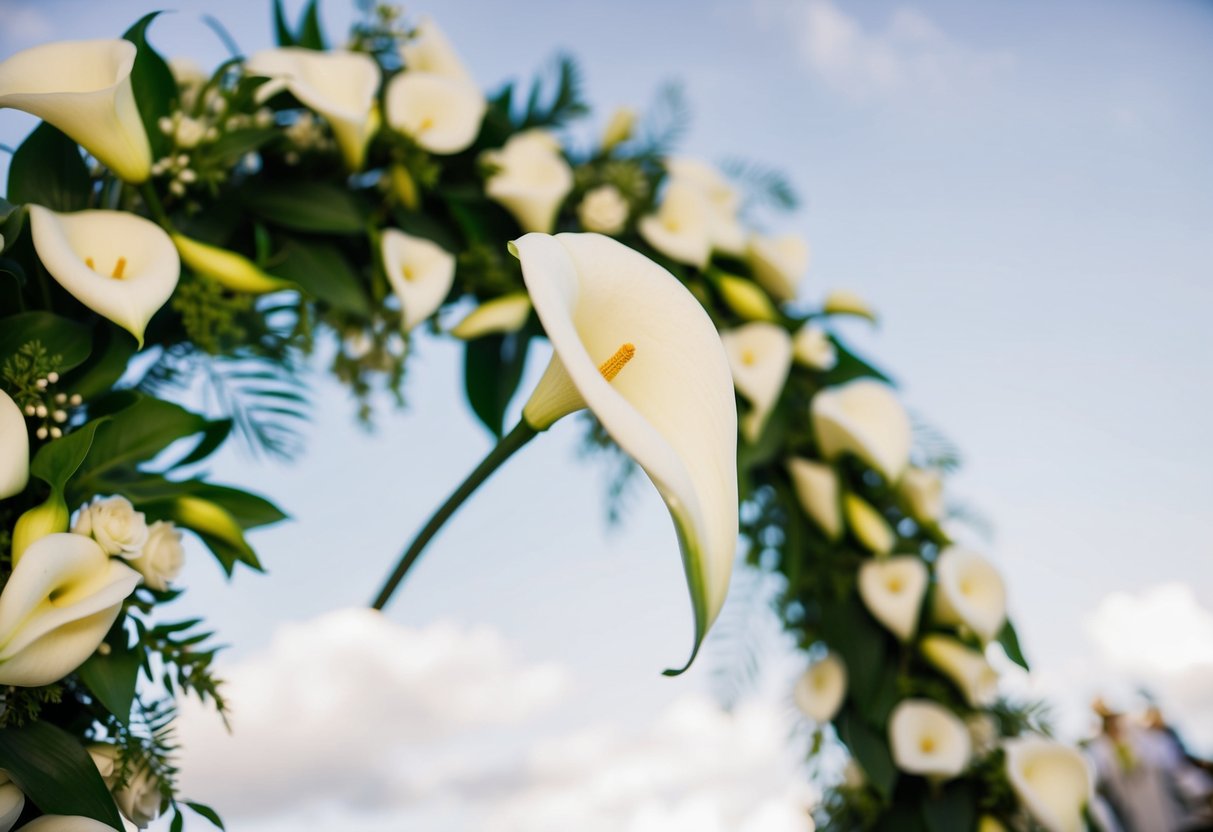 A white calla lily adorns a wedding arch, symbolizing purity and devotion in the elegant floral decor