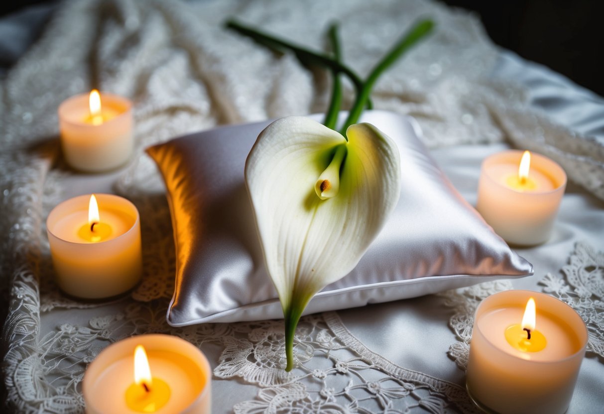 A white calla lily rests on a satin pillow, surrounded by flickering candles and delicate lace