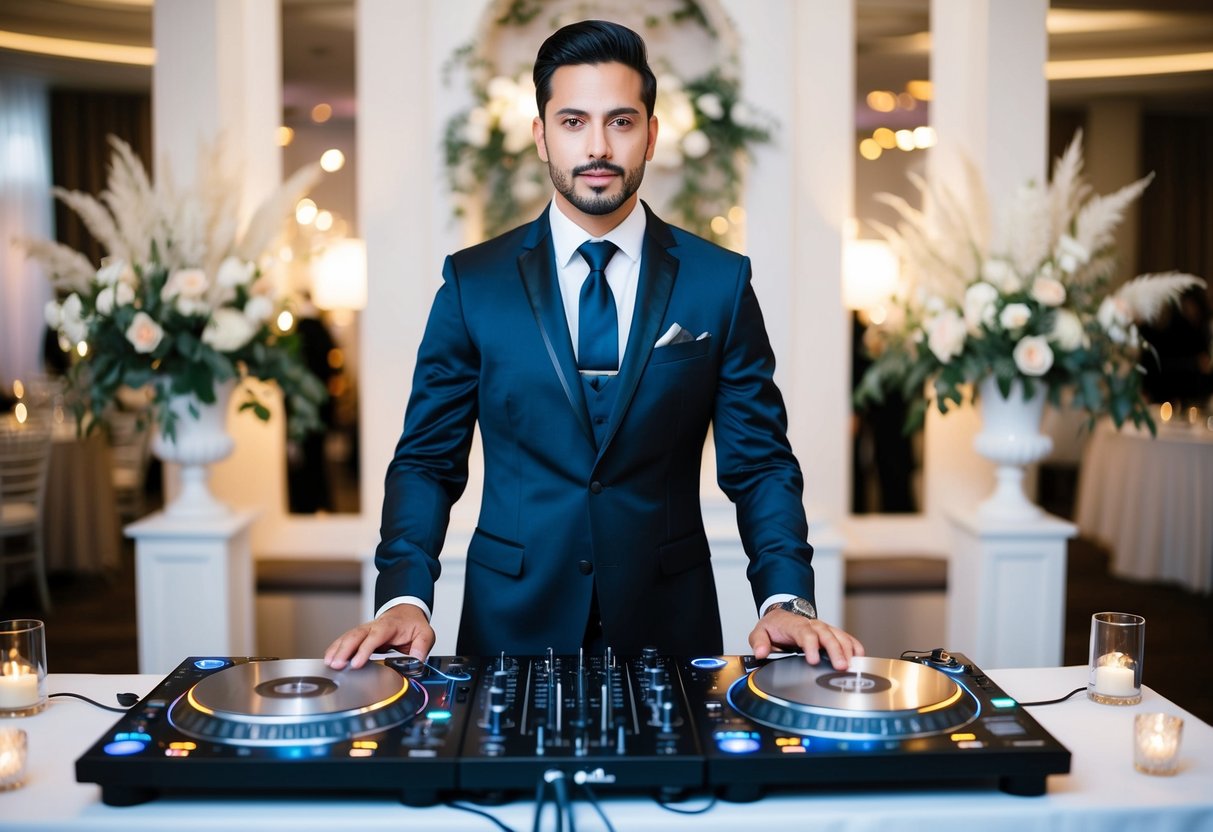A DJ in a sleek suit and tie, standing behind a turntable with elegant wedding decor in the background