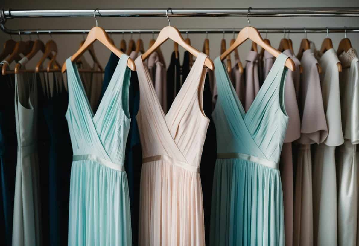Two elegant dresses in matching shades hang side by side on a clothing rack. The delicate fabrics catch the light, showcasing their similar hues
