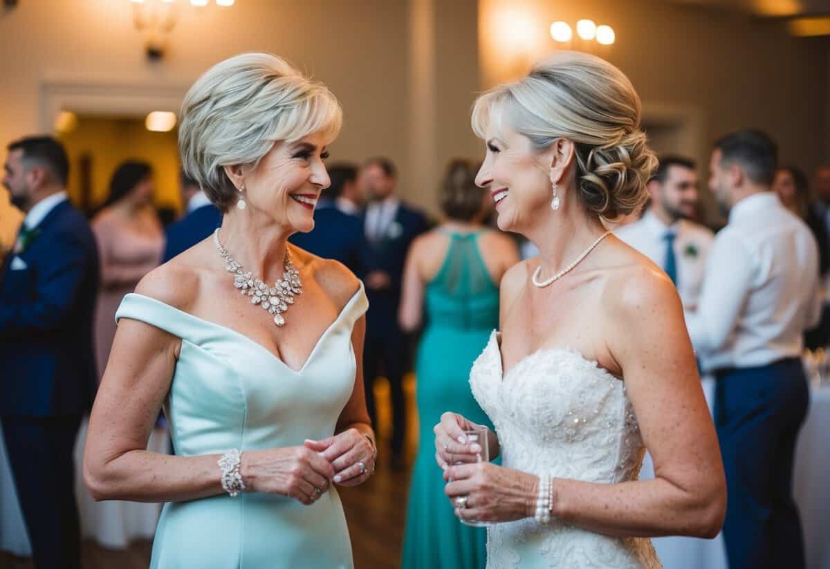 A mother of the bride and a mother of the groom wearing different colored elegant dresses and chatting at a wedding reception